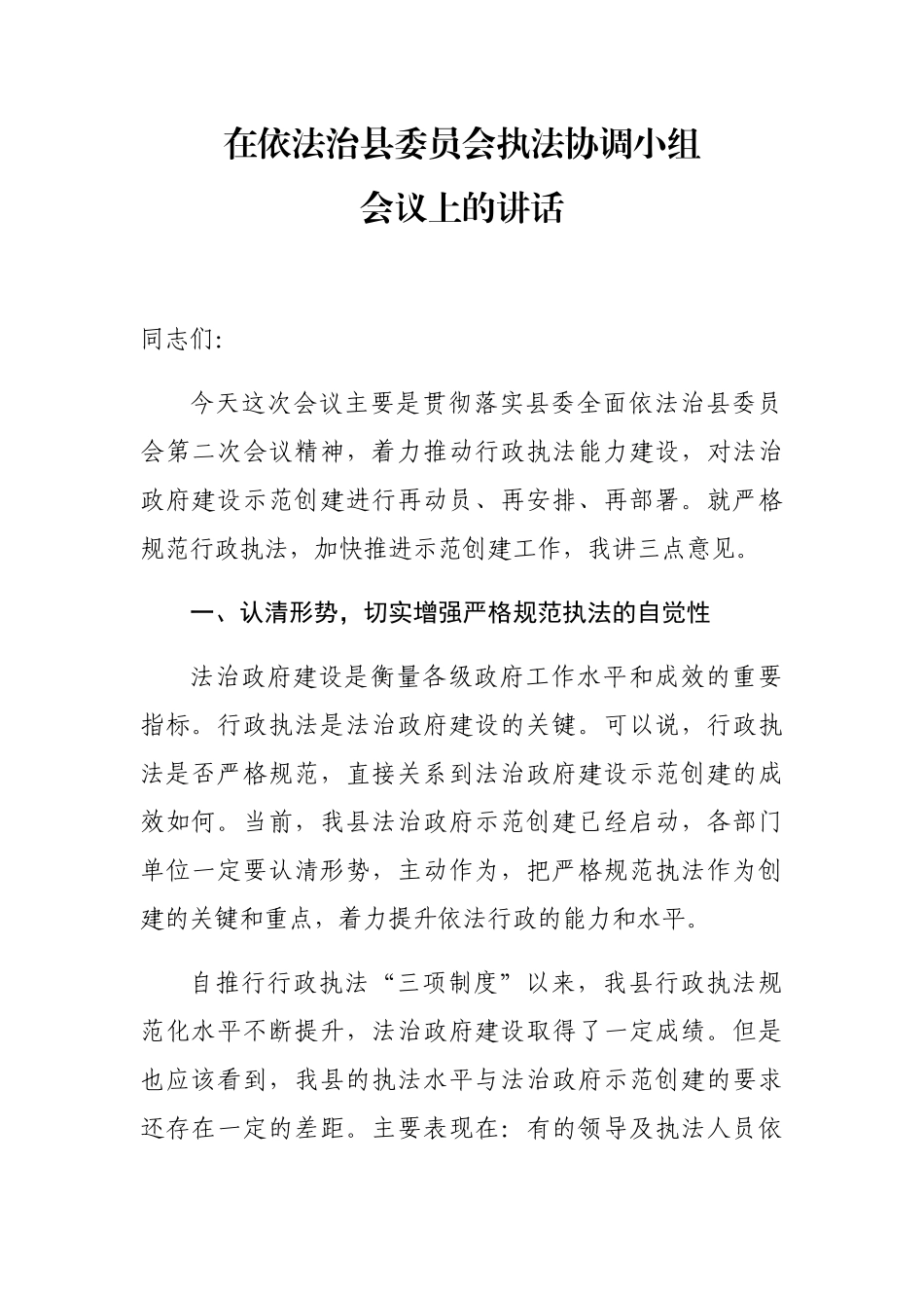 在依法治县委员会执法协调小组会议上的讲话_第1页