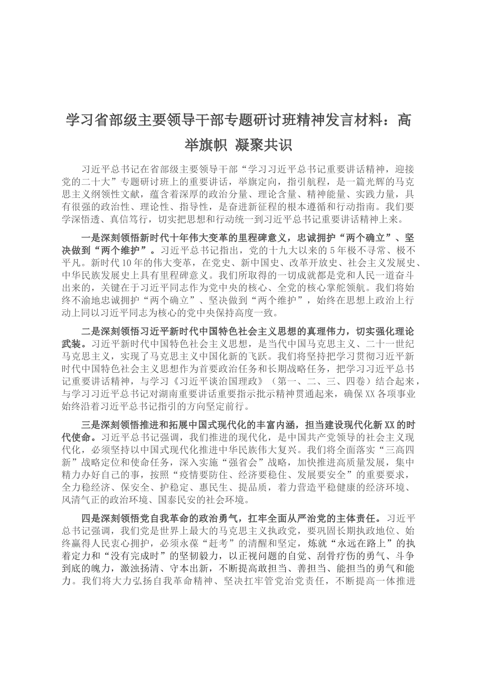 学习省部级主要领导干部专题研讨班精神发言材料：高举旗帜 凝聚共识_第1页