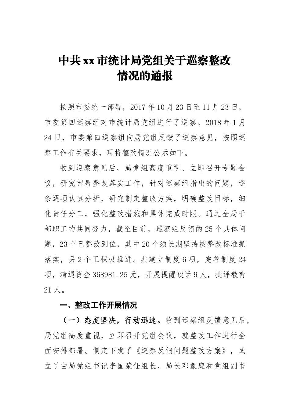 中共x市统计局党组关于巡察整改情况的通报_转换_第1页