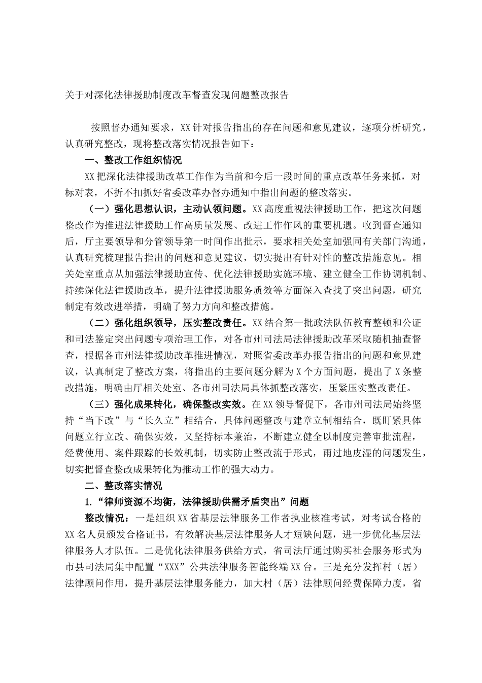 关于对深化法律援助制度改革督查发现问题整改报告_第1页