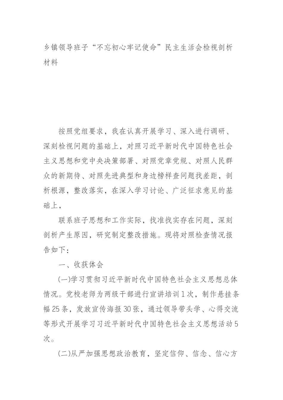  乡镇领导班子“不忘初心牢记使命”民主生活会检视剖析材料_第1页