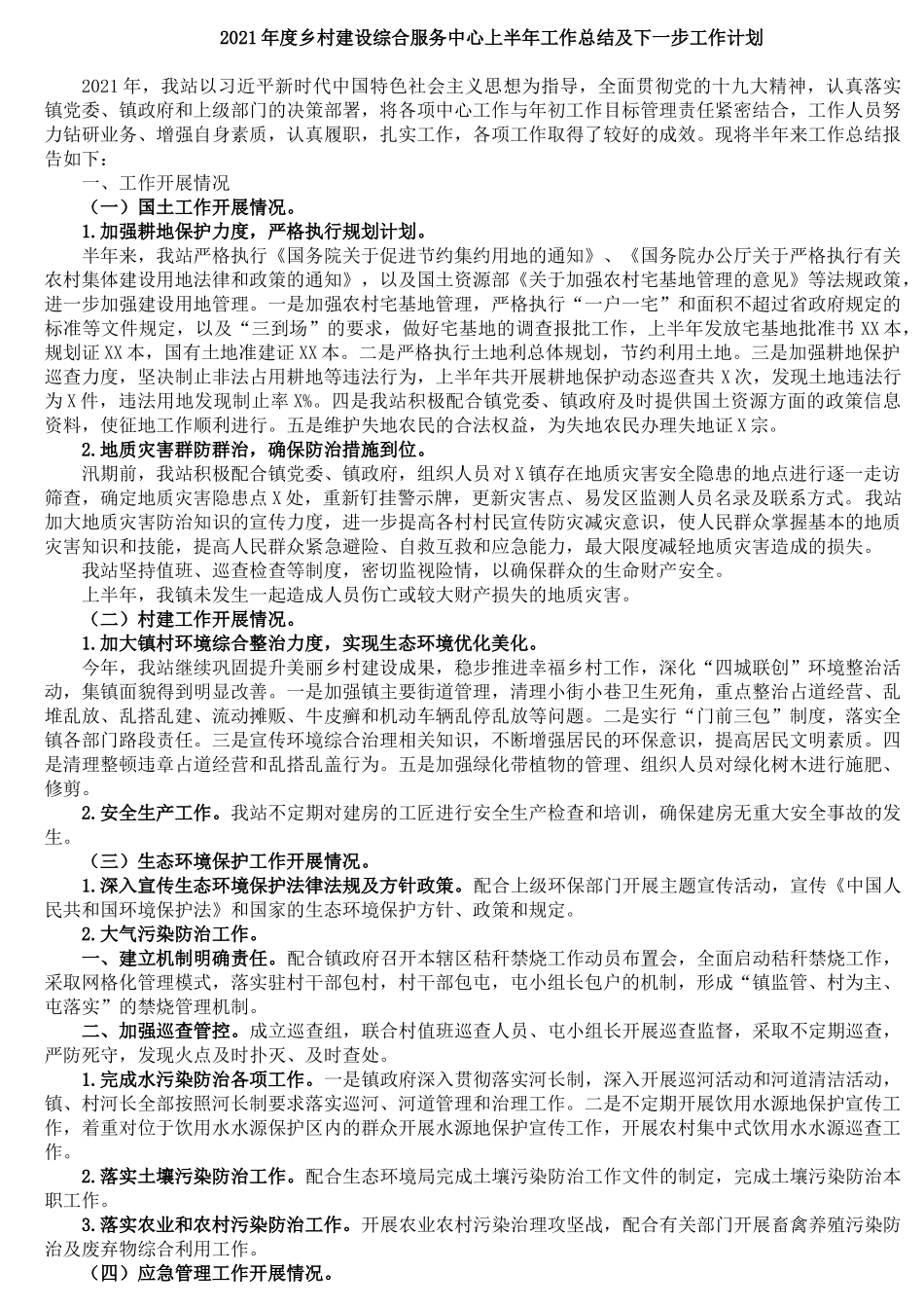 2021年度乡村建设综合服务中心上半年工作总结及下一步工作计划_第1页