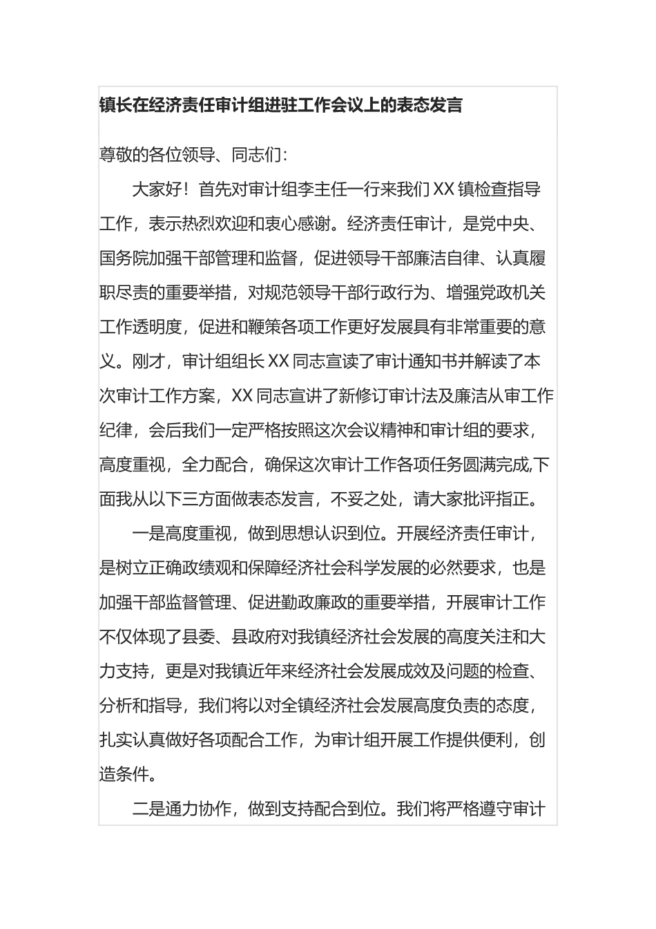 镇长在经济责任审计组进驻工作会议上的表态发言_第1页