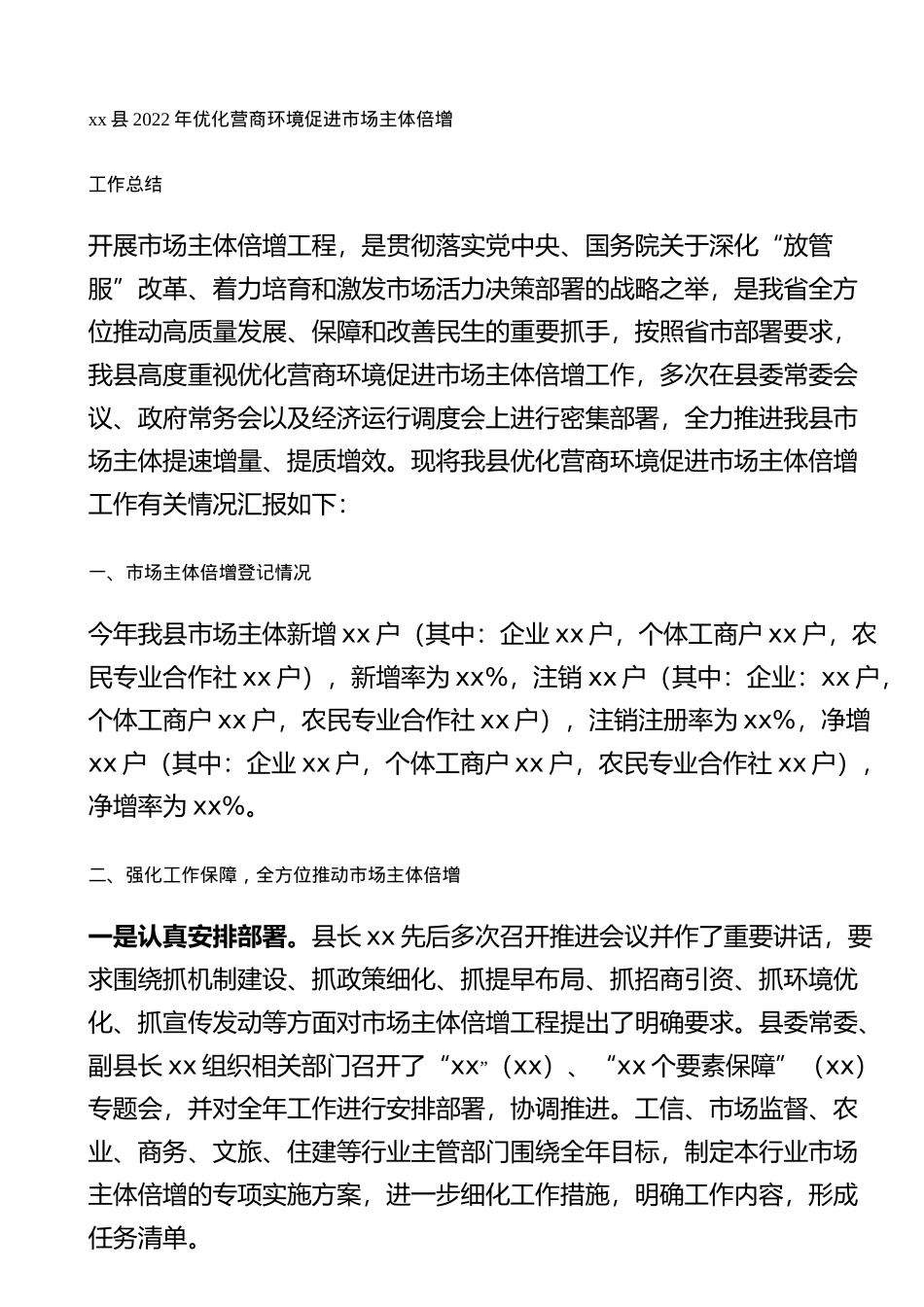 县2022年优化营商环境促进市场主体倍增工作总结_第1页