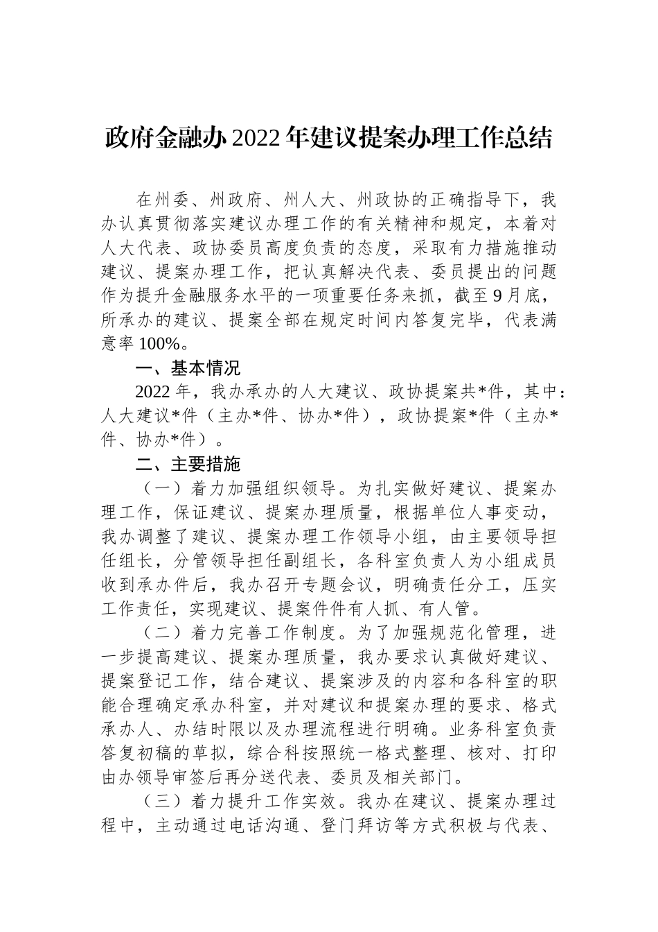 政府金融办2022年建议提案办理工作总结_第1页