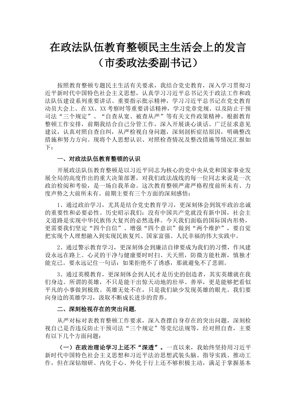 在政法队伍教育整顿民主生活会上的发言（市委政法委副书记）_第1页