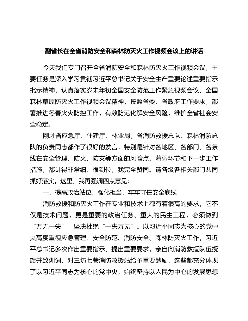 副省长在全省消防安全和森林防灭火工作视频会议上的讲话_第1页