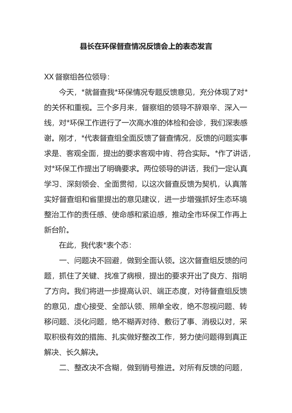 县长在环保督查情况反馈会上的表态发言_第1页