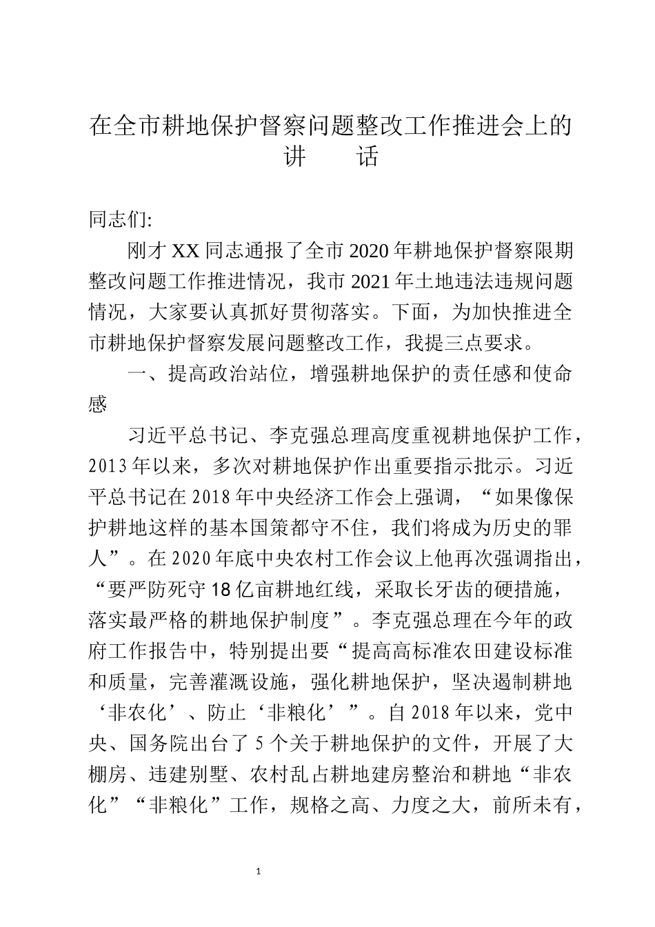 在全市耕地保护督察问题整改工作推进会上的讲话_第1页