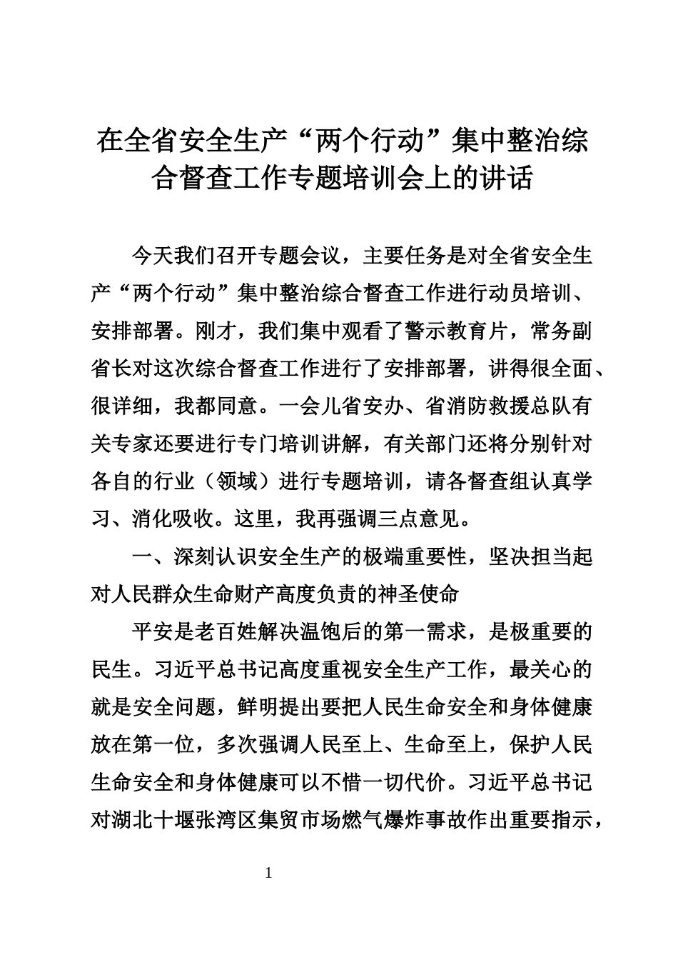 在全生产“两个行动”集中整治综合督查工作专题培训会上的讲话_第1页