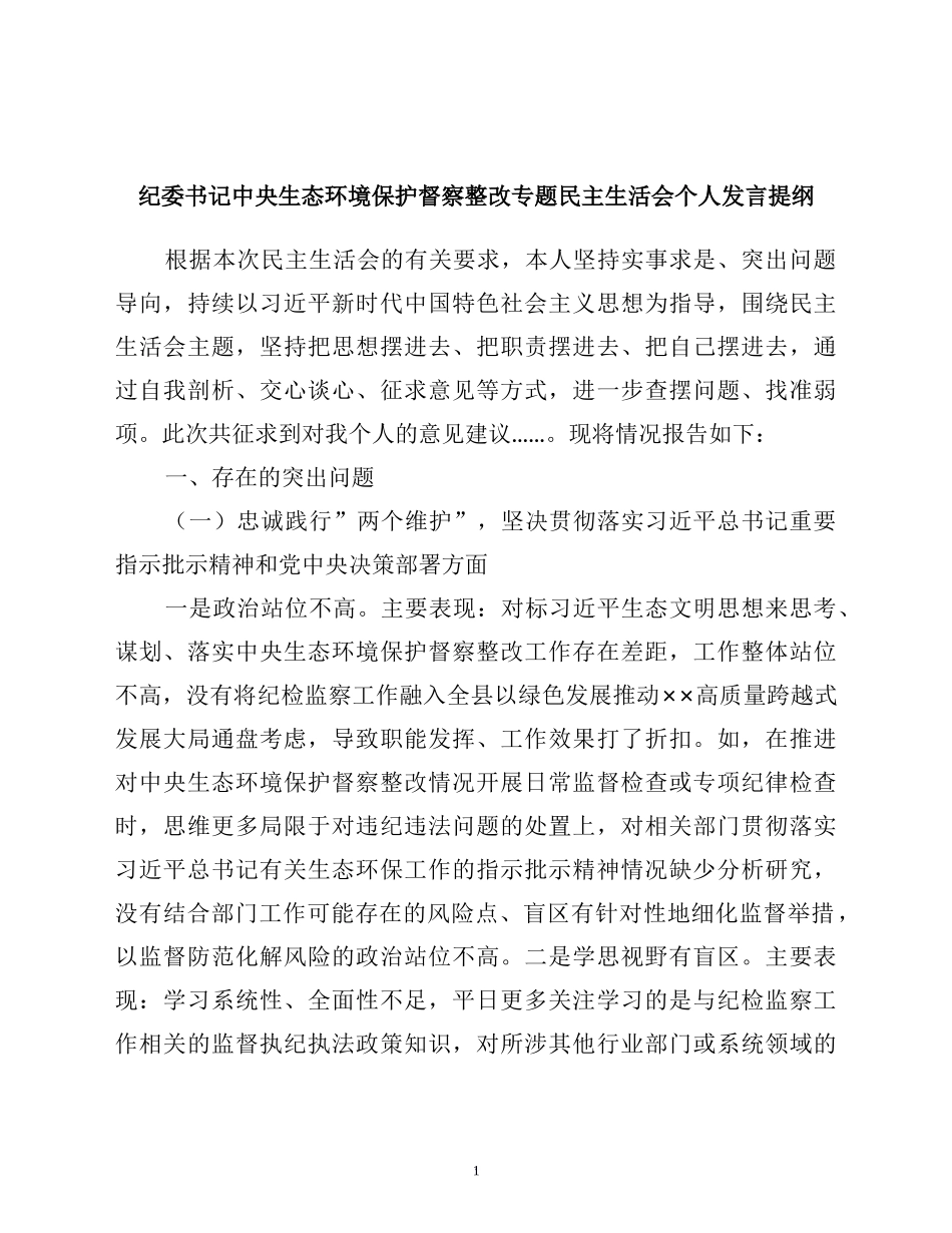 纪委书记中央生态环境保护督察整改专题民主生活会个人发言提纲_第1页