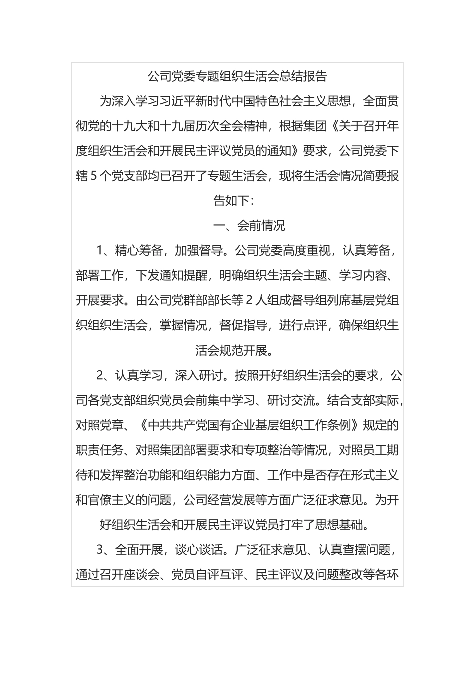 公司党委专题组织生活会总结报告_第1页