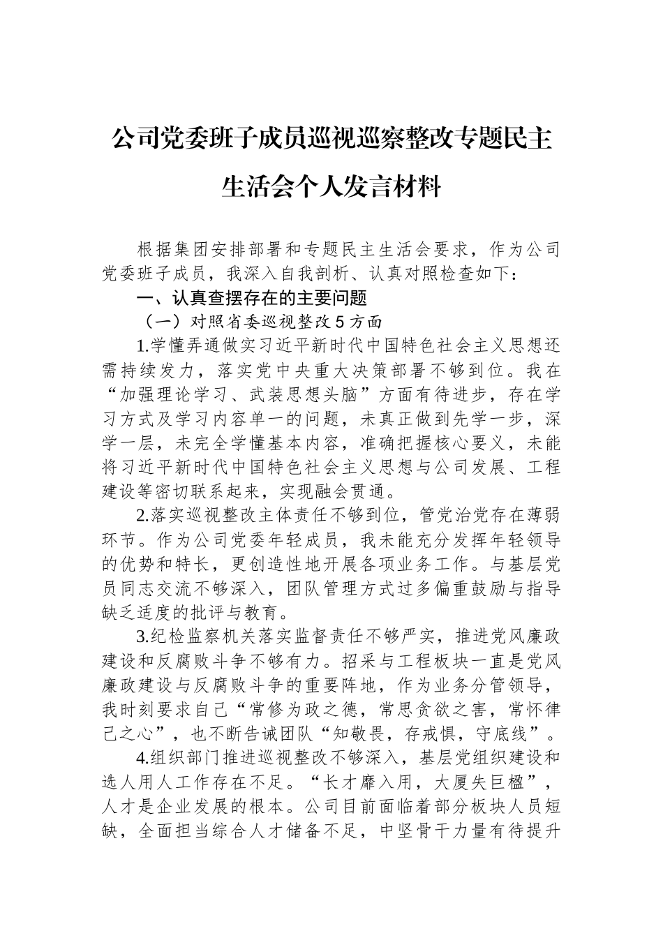 公司党委班子成员巡视巡察整改专题民主生活会个人发言材料_第1页