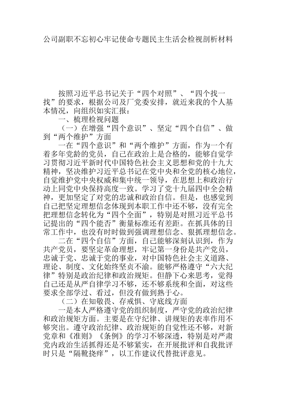 公司副职不忘初心牢记使命专题民主生活会检视剖析材料_第1页