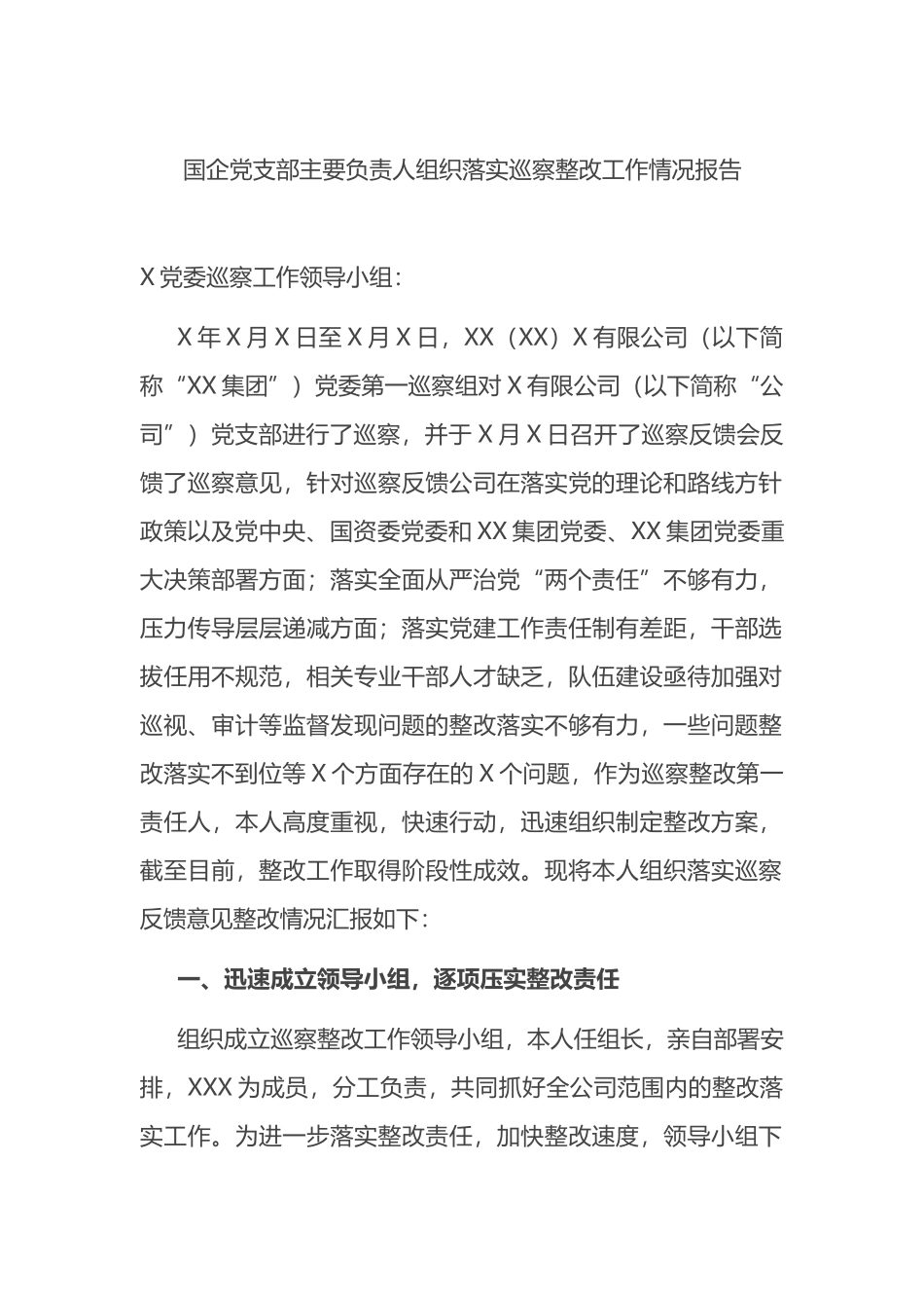 国企党支部主要负责人组织落实巡察整改工作情况报告_第1页