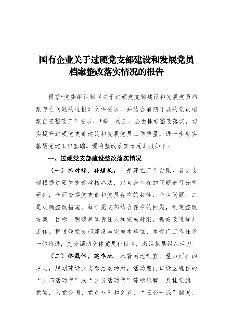 国有企业关于过硬党支部建设和发展党员档案整改落实情况的报告_第1页