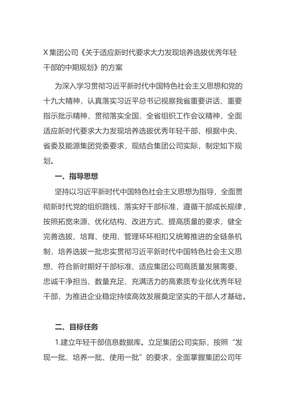 集团公司《关于适应新时代要求大力发现培养选拔优秀年轻干部的中期规划》的方案_第1页