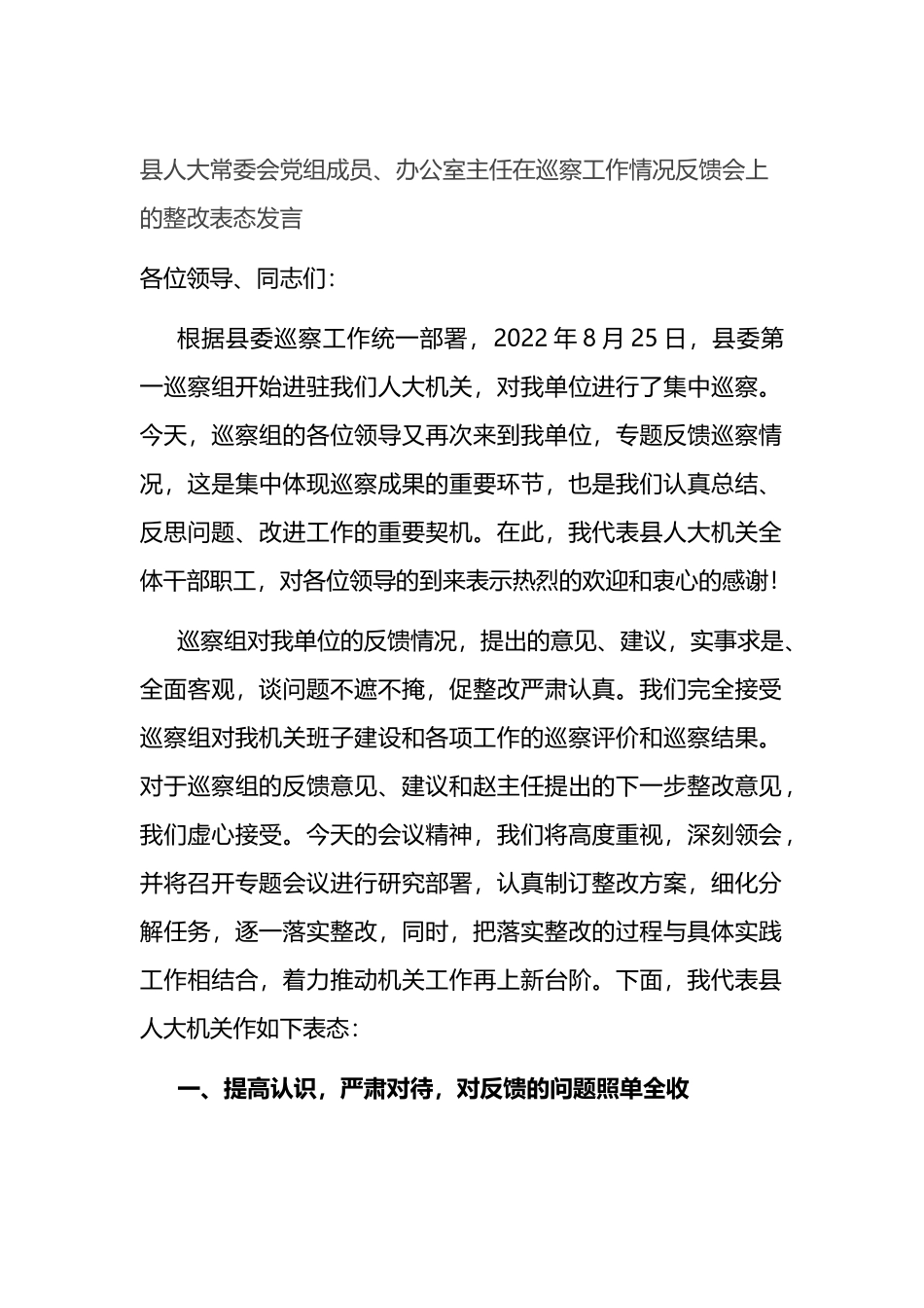 县人大主任在巡察工作情况反馈会上的整改表态发言_第1页