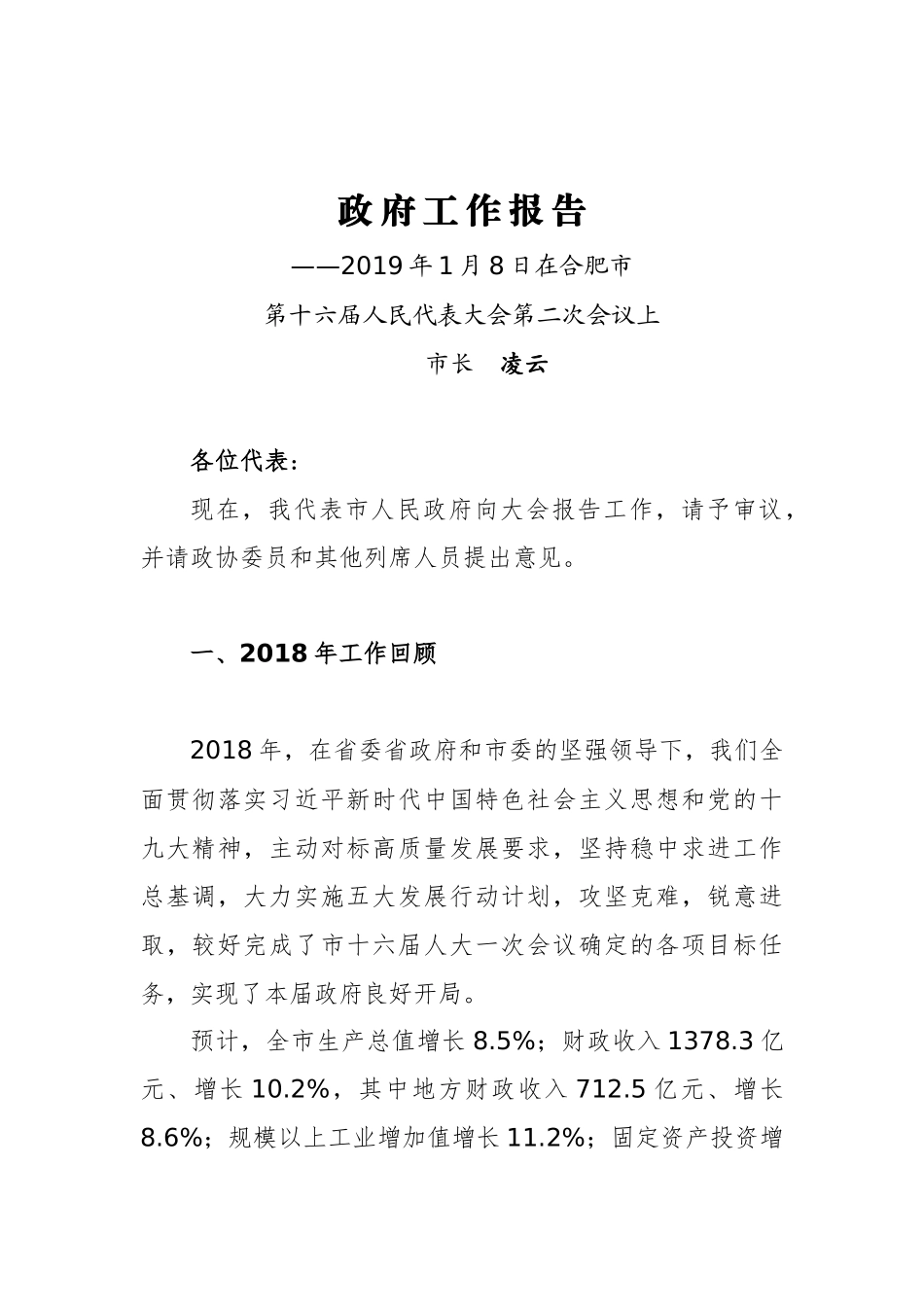 2019年合肥市政府工作报告(全文）_第1页