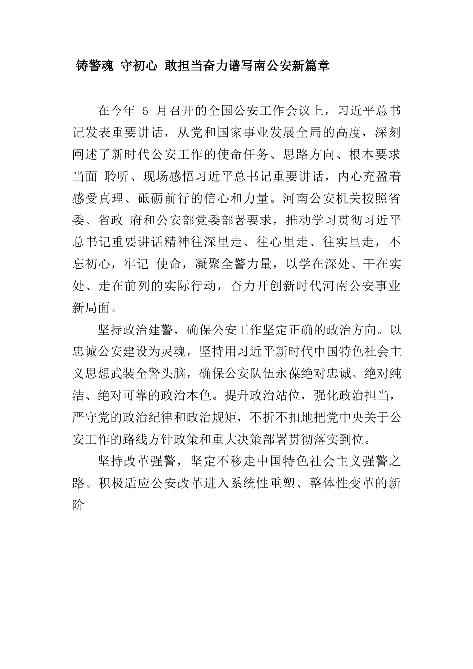  铸警魂 守初心 敢担当奋力谱写南公安新篇章_第1页