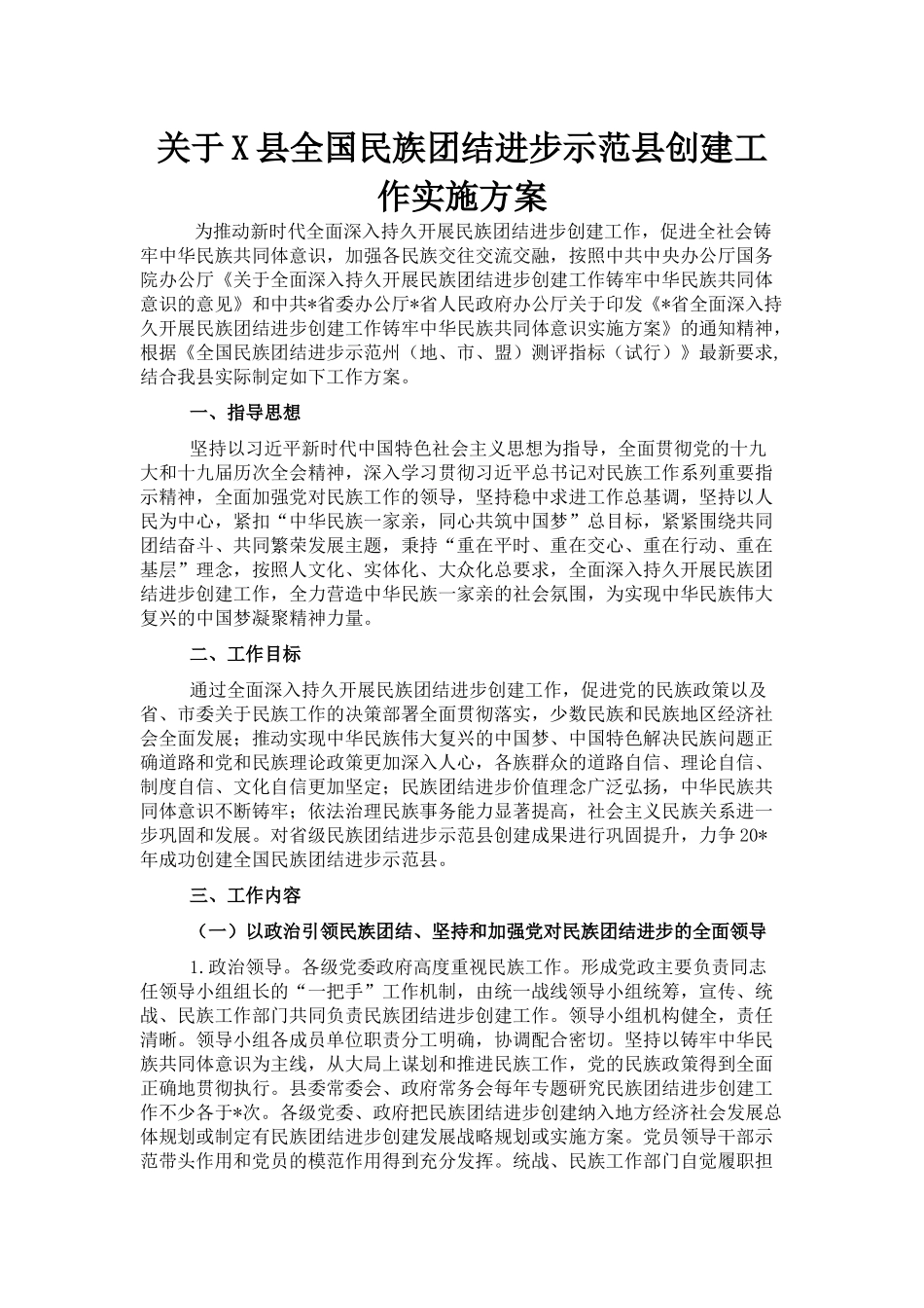 关于X县全国民族团结进步示范县创建工作实施方案_第1页