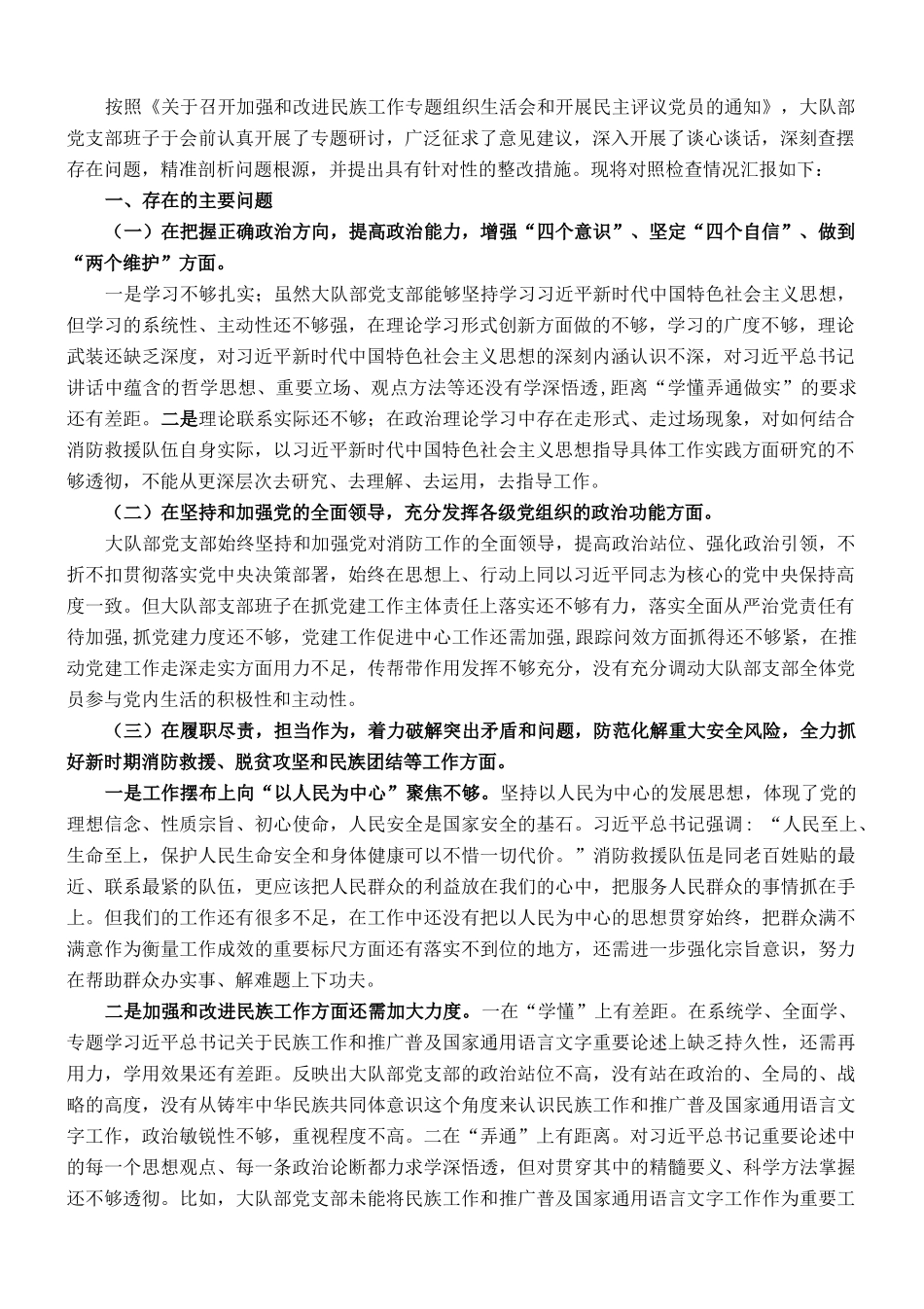 加强和改进民族工作专题组织生活会党支部班子检视材料_第1页