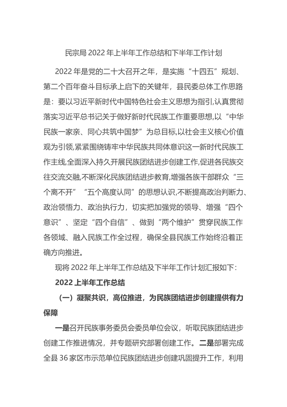 民宗局2022年上半年工作总结和下半年工作计划_第1页