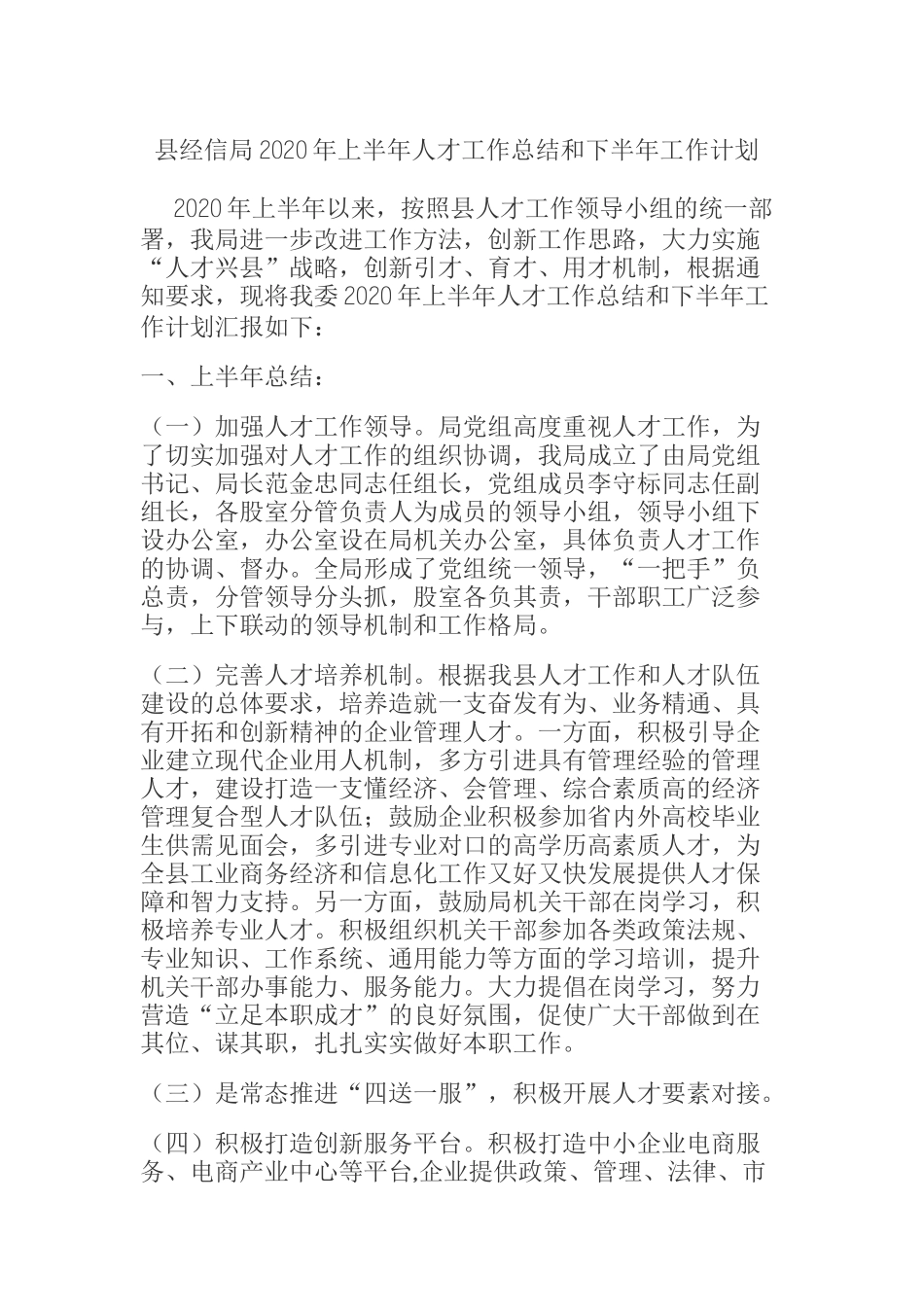  县经信局2020年上半年人才工作总结和下半年工作计划_第1页