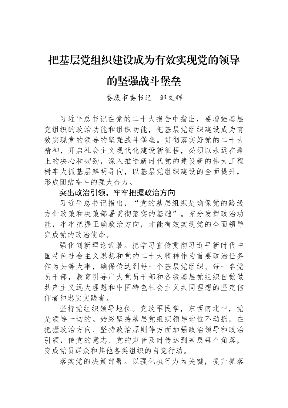 娄底市委书记邹文辉：把基层党组织建设成为有效实现党的领导的坚强战斗堡垒_第1页