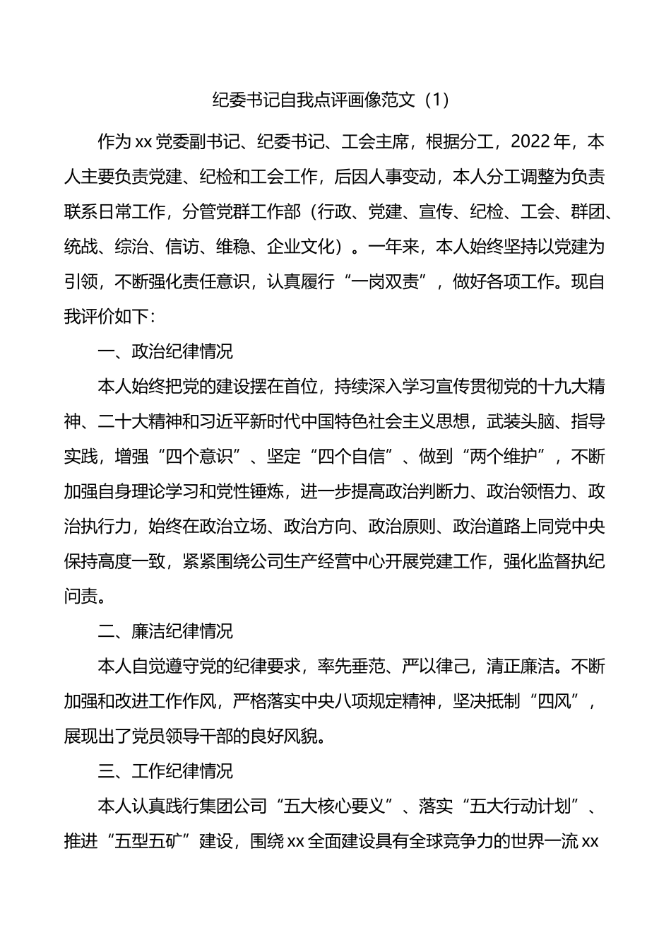 公司纪委书记自我点评画像及为班子成员点评画像汇编_第1页