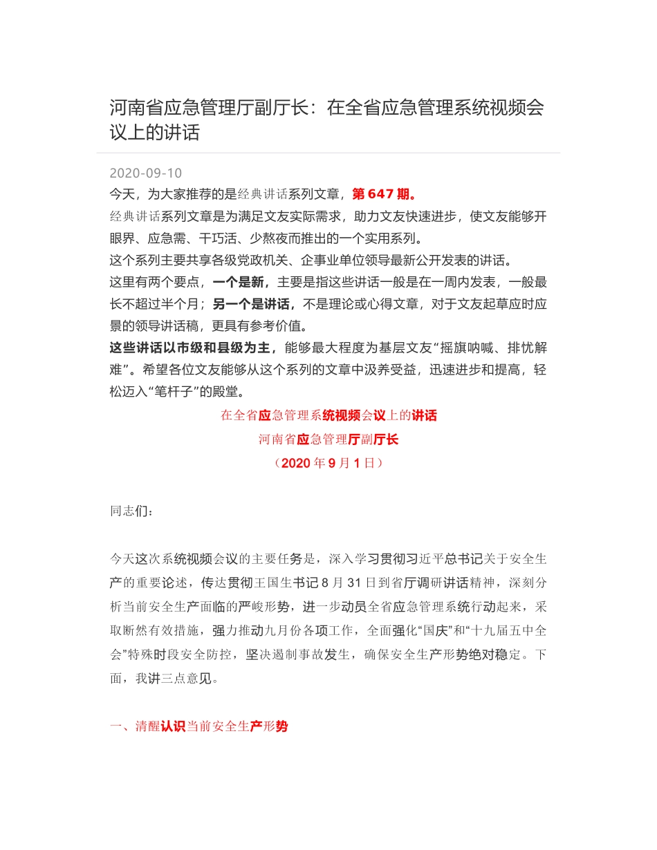 河南省应急管理厅副厅长：在全省应急管理系统视频会议上的讲话_第1页