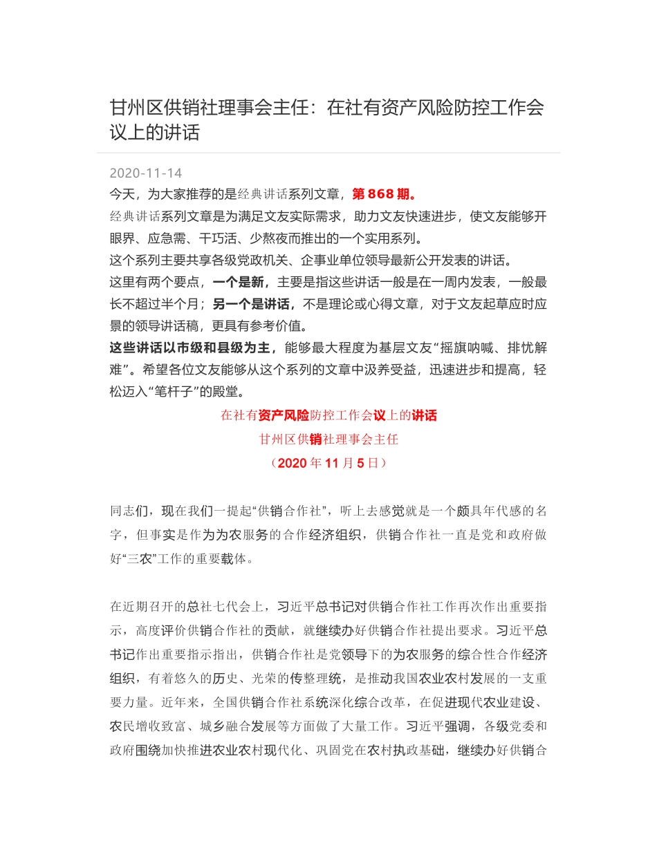 甘州区供销社理事会主任：在社有资产风险防控工作会议上的讲话_第1页