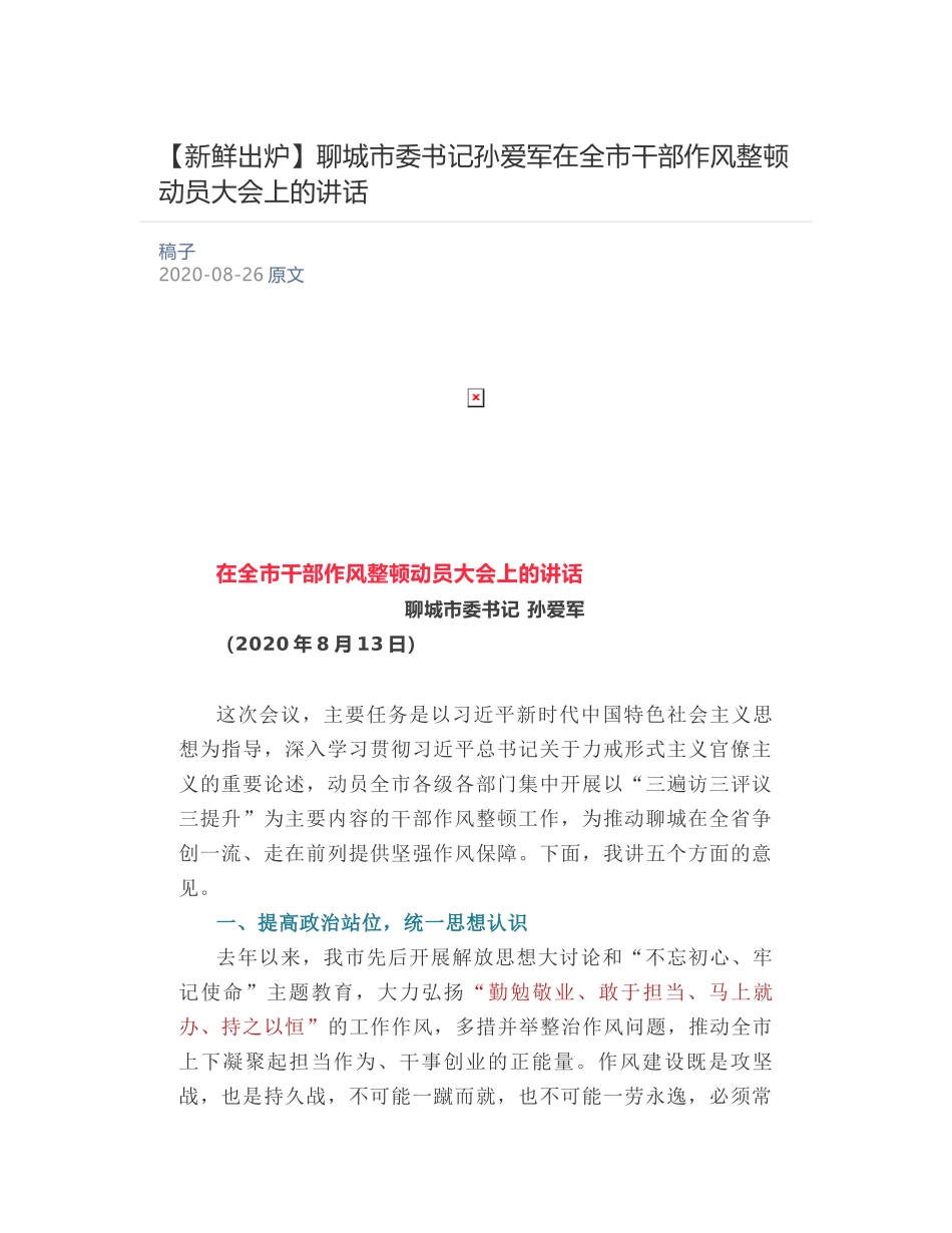 聊城市委书记孙爱军在全市干部作风整顿动员大会上的讲话_第1页