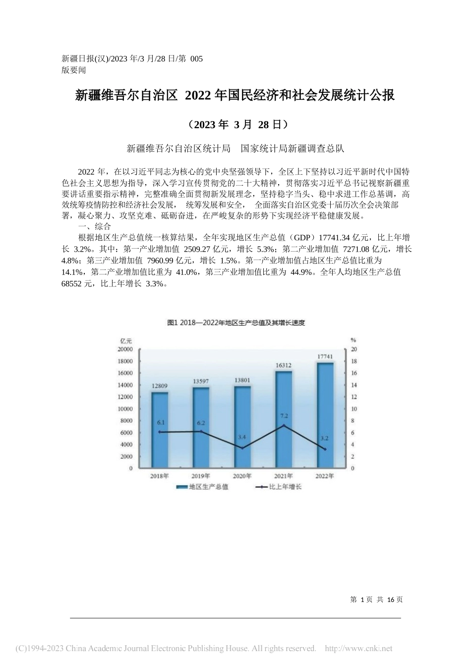 新疆维吾尔自治区统计局国家统计局新疆调查总队：新疆维吾尔自治区2022年国民经济和社会发展统计公报_第1页