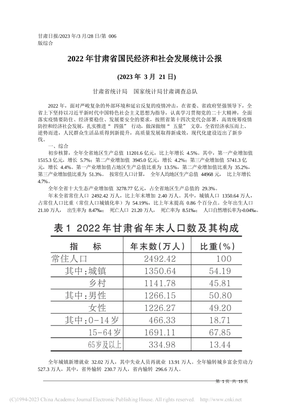 甘肃省统计局国家统计局甘肃调查总队：2022年甘肃省国民经济和社会发展统计公报_第1页