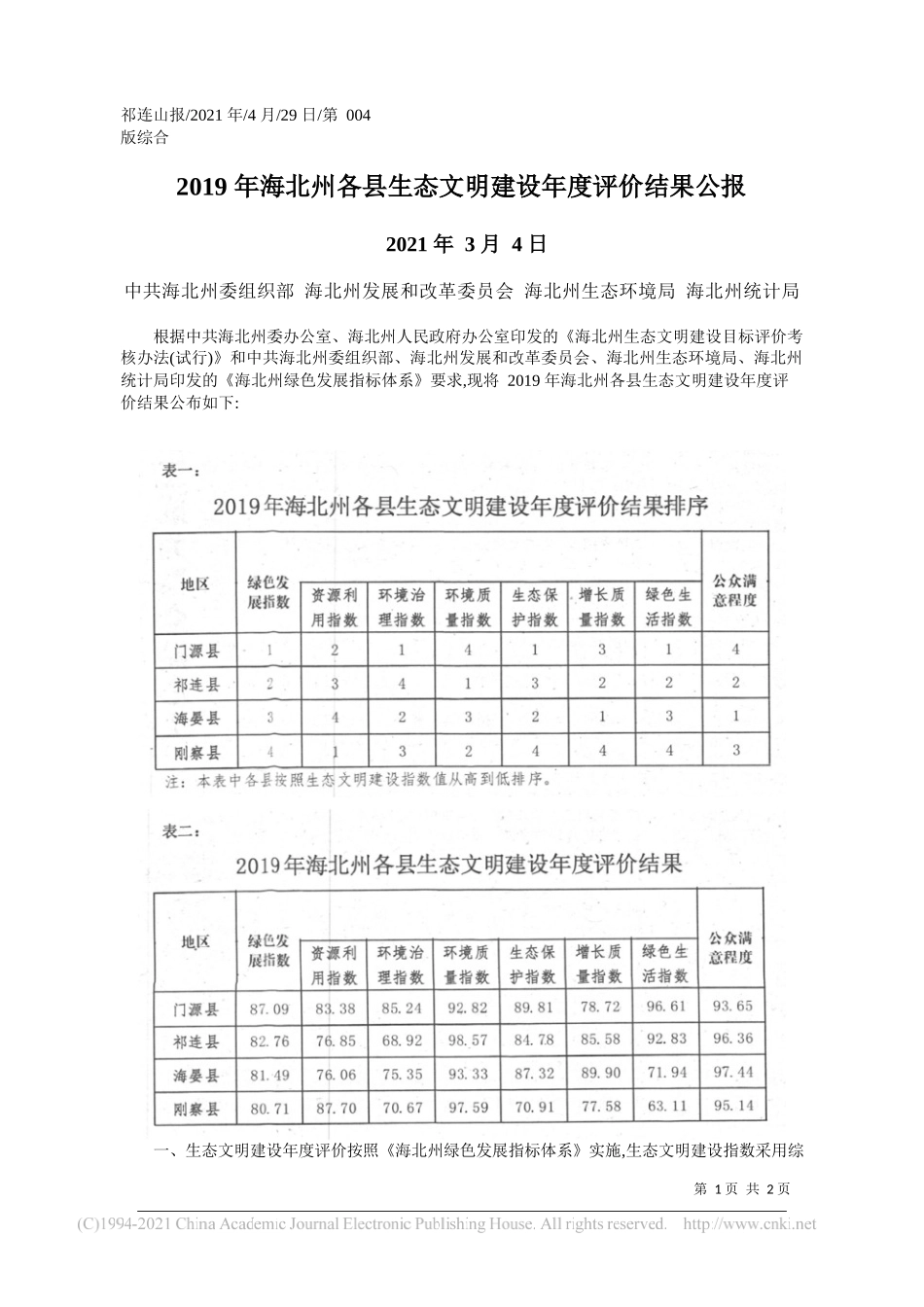 海北州委组织部海北州发展和改革委员会海北州生态环境局海北州统计局：2019年海北州各县生态文明建设年度评价结果公报_第1页