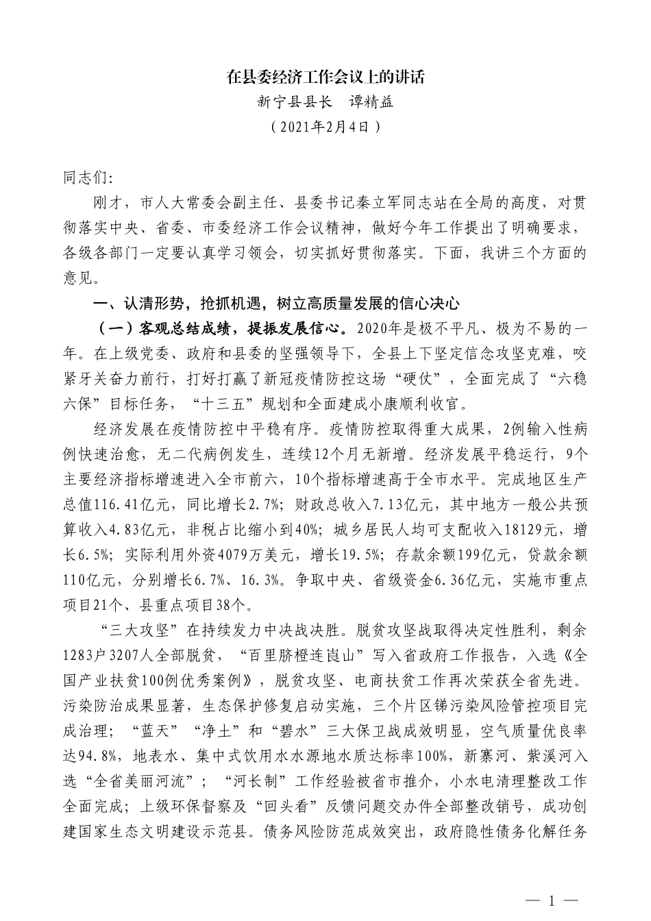 新宁县县长谭精益：在县委经济工作会议上的讲话_第1页