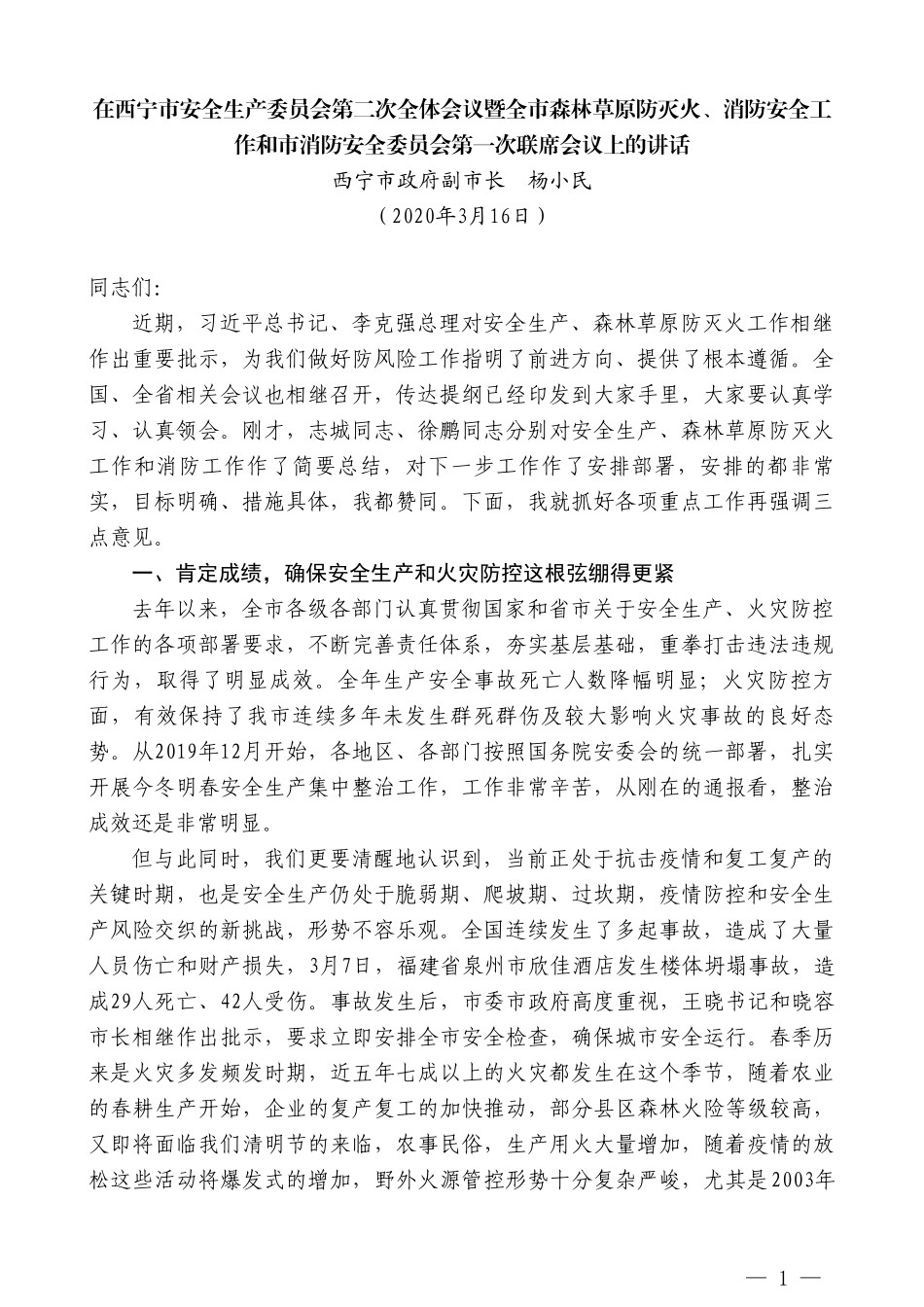 西宁市政府副市长杨小民在全市森林草原防灭火、消防安全工作和市消防安全委员会第一次联席会议上的讲话_第1页