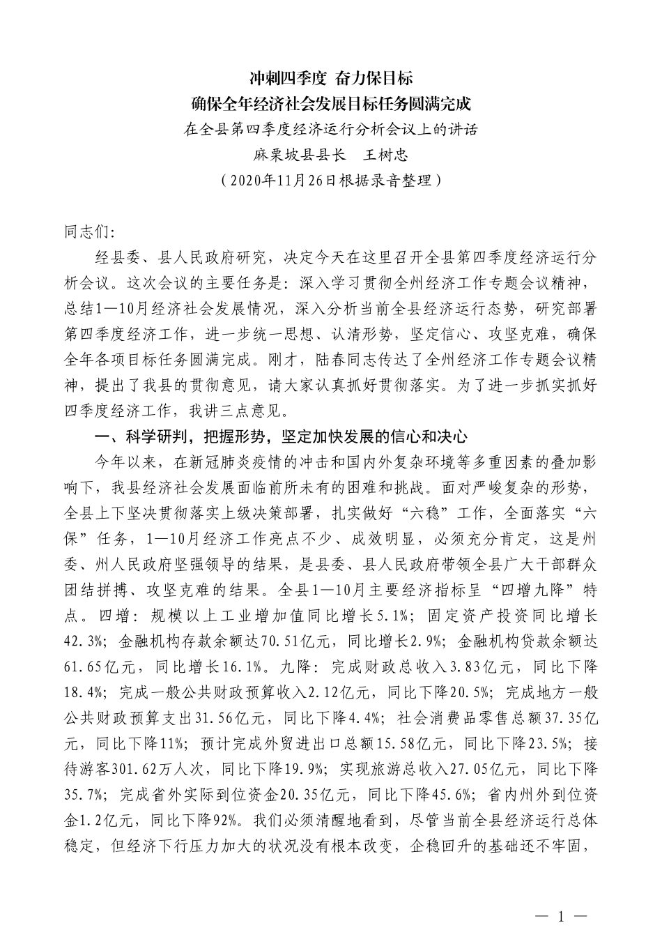 麻栗坡县县长王树忠：在全县第四季度经济运行分析会议上的讲话_第1页