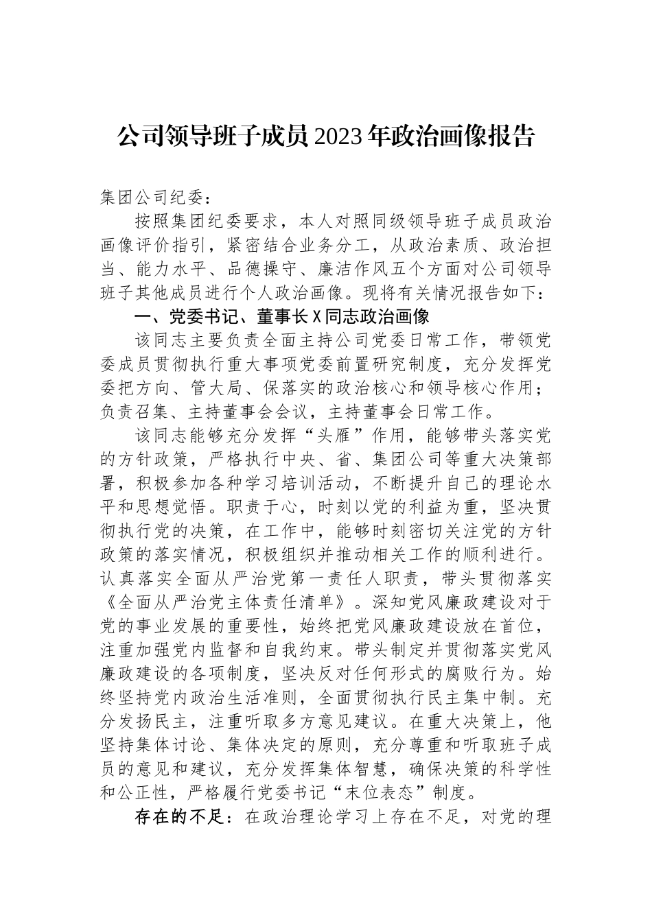 公司领导班子成员2023年政治画像报告_第1页