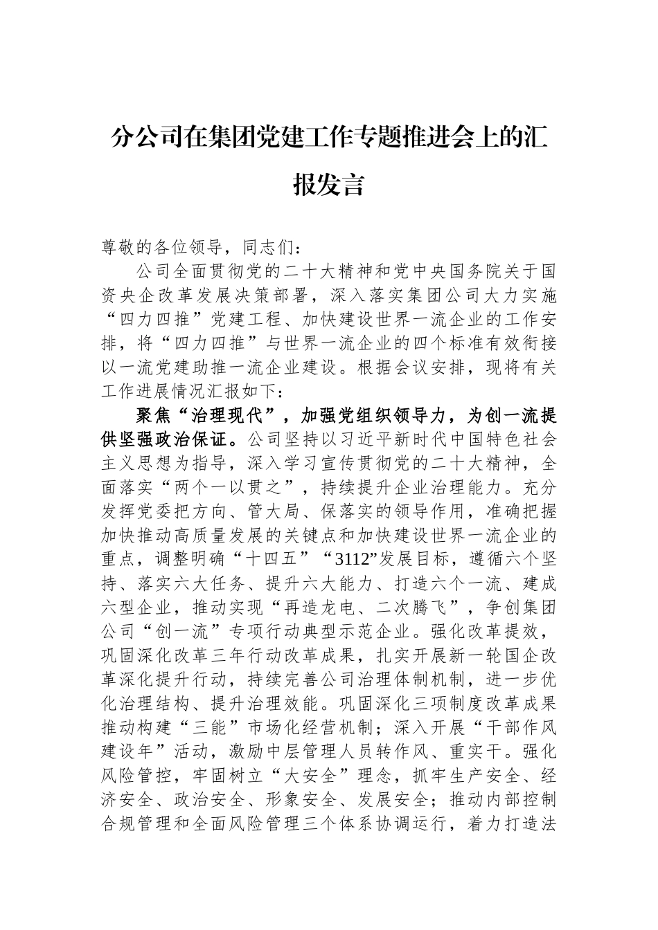 分公司在集团党建工作专题推进会上的汇报发言_第1页