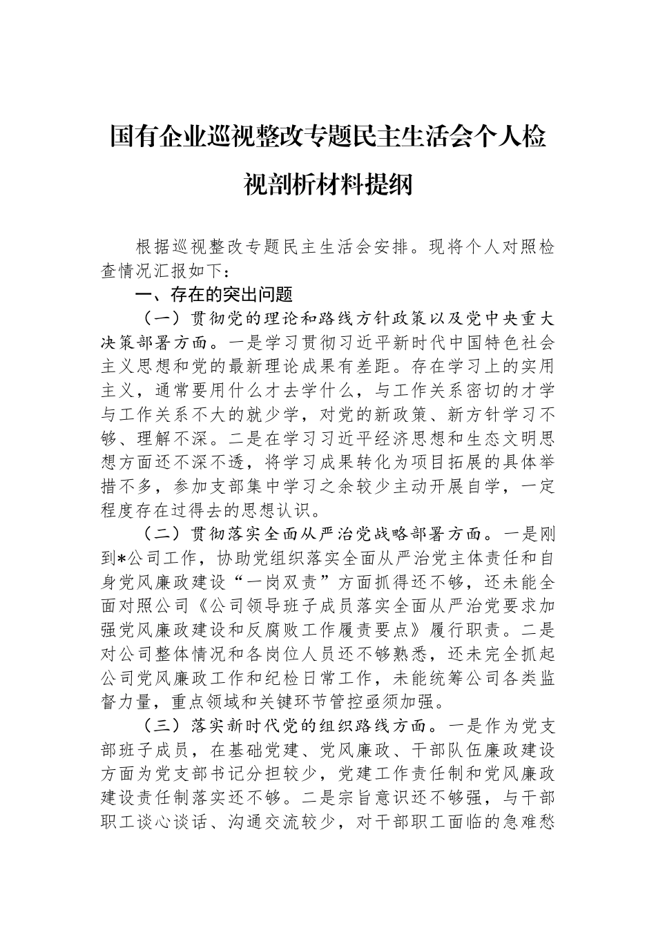 国有企业巡视整改专题民主生活会个人检视剖析材料提纲_第1页