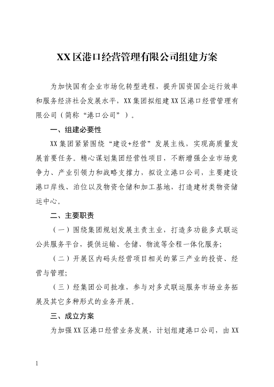 XX区港口经营管理有限公司组建方案_第1页