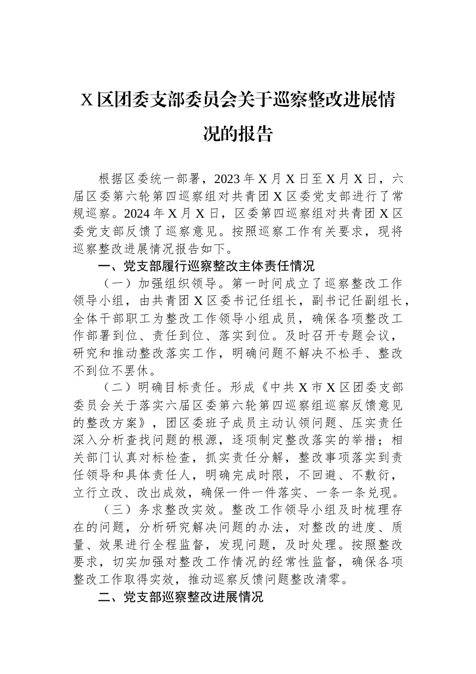 X区团委支部委员会关于巡察整改进展情况的报告_第1页