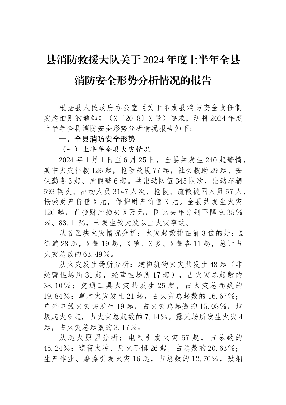 县消防救援大队关于2024年度上半年全县消防安全形势分析情况的报告_第1页