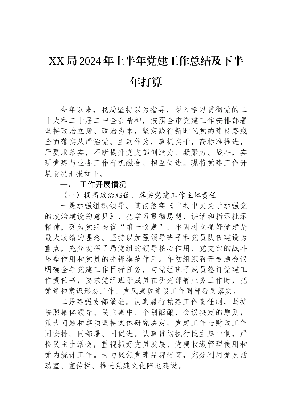 XX局2024年上半年党建工作总结及下半年打算_第1页