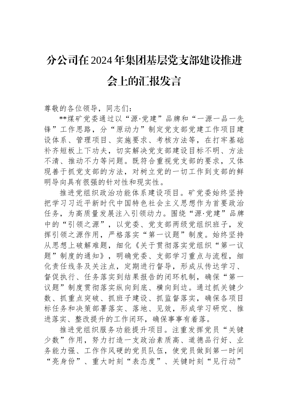 分公司在2024年集团基层党支部建设推进会上的汇报发言_第1页