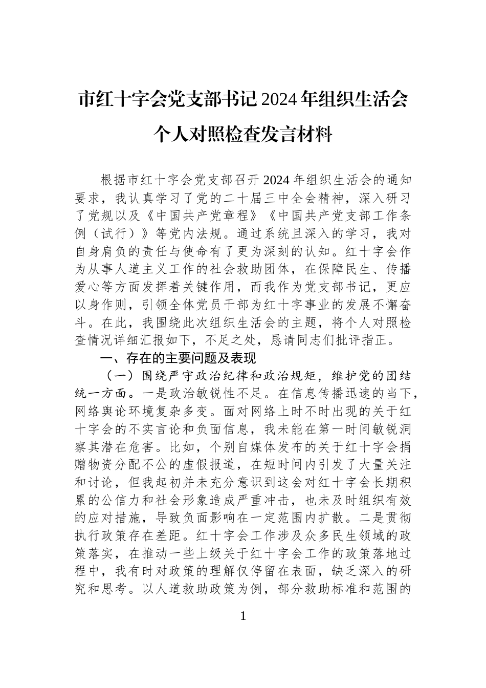 市红十字会党支部书记2024年组织生活会个人对照检查发言材料_第1页