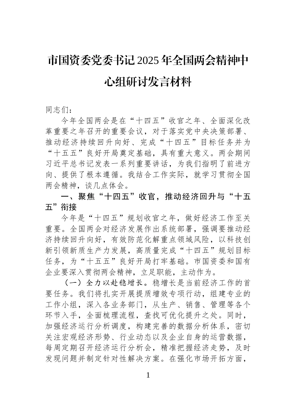 市国资委党委书记2025年全国两会精神中心组研讨发言材料_第1页