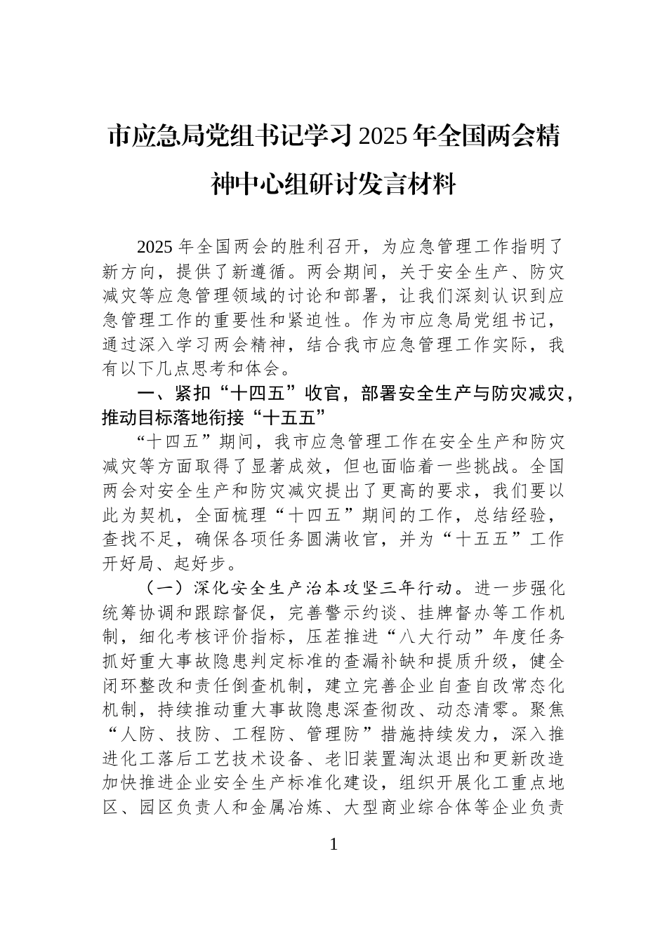 市应急局党组书记学习2025年全国两会精神中心组研讨发言材料_第1页